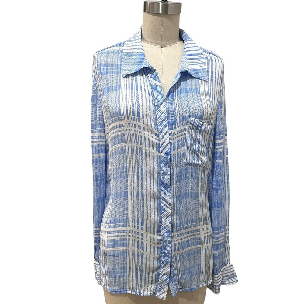 Diane Von Furstenberg Carter Blouse Womens 8 Blue White Plaid Button Front - Picture 2 of 7